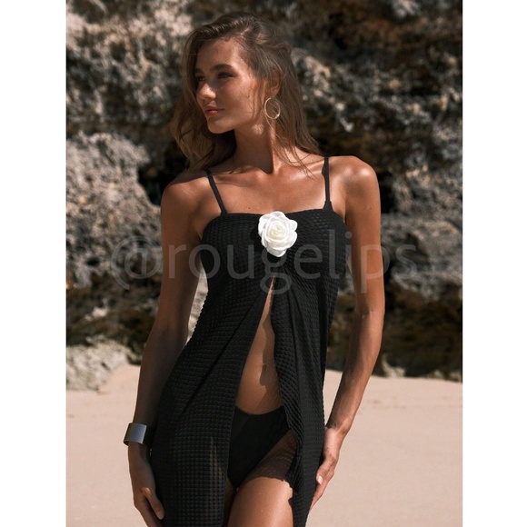 Black Beach Sarong Skirt with Flower Detail Stretchy Semi-Sheer - Picture 3 of 10